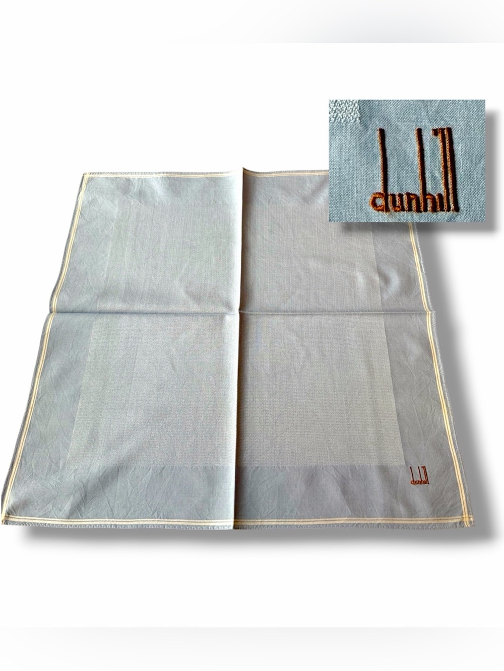 Dunhill Pale Blue Pocket Square with White Trim & Embroidered Brown Logo